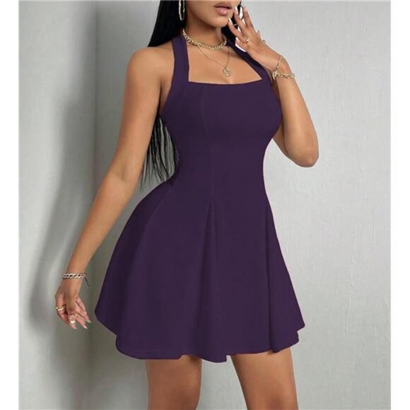 Dresses & Skirts - Women's Summer Dress Sleeveless Halter Neck Purple